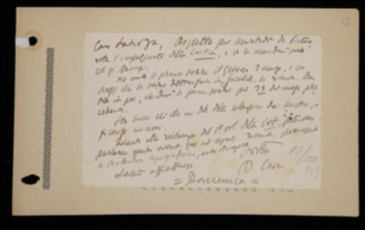 Nella cartolina, Benedetto Croce istruisce Laterza sulla stampa di nuovi fascicoli e la ristampa di altri già editi del periodico "La Criticia" e prende atto del rifiuto dell'editore alla proposta di una nuova collana filosofica.