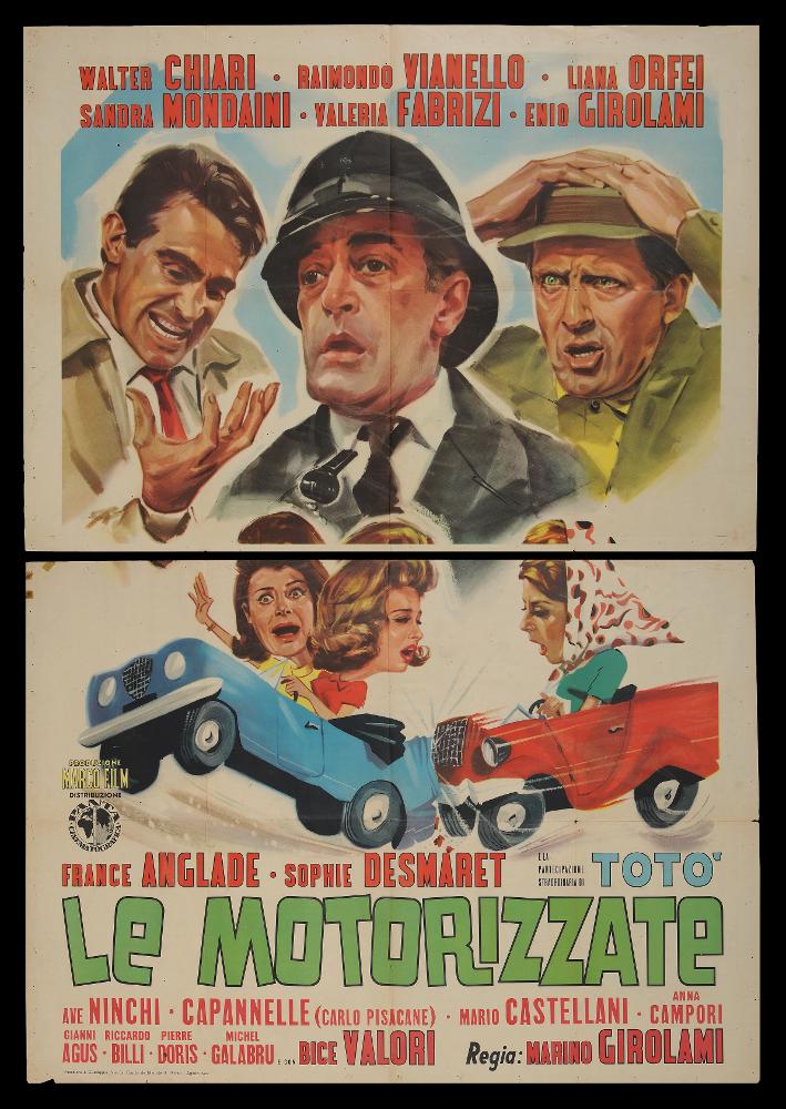 “Le motorizzate” è un film del 1963 diretto da Marino Girolami, su sceneggiatura di Tito Carpi e Beppe Costa.
Tra i principali interpreti ricordiamo Walter Chiari, Raimondo Vianello, Sandra Mondaini, Liana Orfei, Valeria Fabrizi, Enio Girolami, France Anglade, Sophie Desmaret, Ave Ninchi, con la partecipazione straordinaria di totò.
Il manifesto cinematografico non presenta alcuna firma dell’autore. Lo stile è vivace, le pennellate sicure, nella parte alta e in primo piano, possiamo apprezzare i ritratti particolareggiati e raffinati di alcuni protagonisti del film (Chiari, Vianello e Totò al centro); in basso sono ritratte le donne al volante in uno stile caricaturale e fumettistico. 
Il manifesto originale è conservato nell’Archivio della Mediateca Regionale Pugliese ...