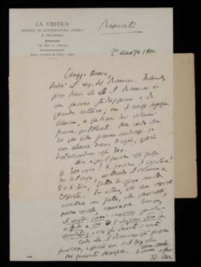 In merito alla pubblicazione di un volume di filosofia per i licei proposta da Alessandro Bonucci, nella lettera Benedetto Croce esorta Giovanni Laterza ad insistere affinché l'autore gli affidi l'edizione per la vendita e l'editore presenti il conto all'autore.