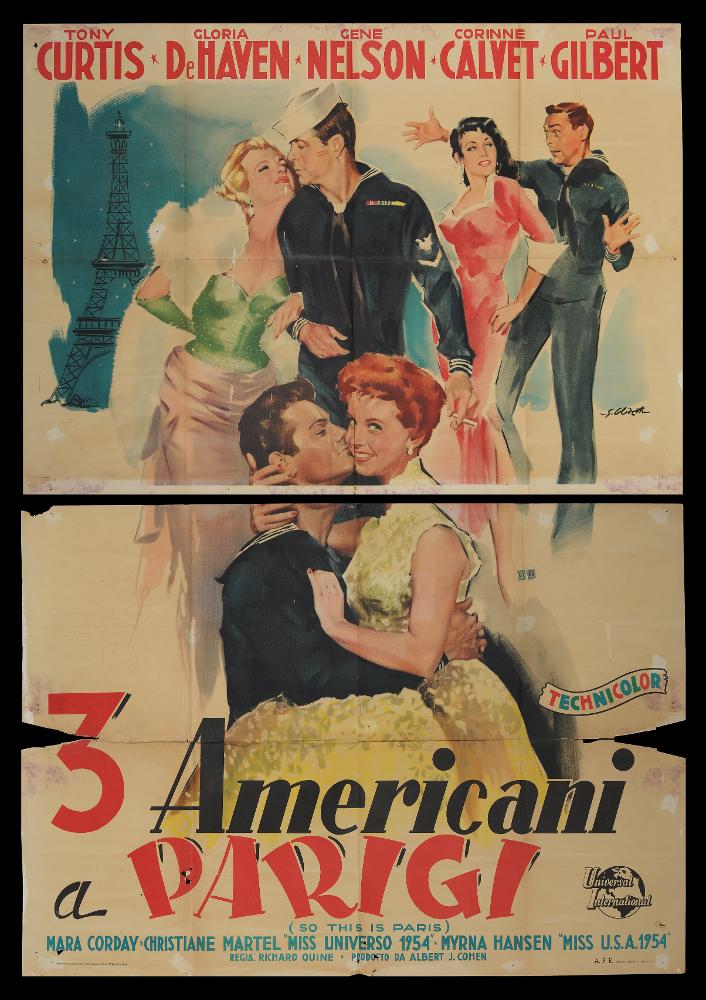 L'immagine riproduce uno dei manifesti conservati presso la Mediateca Regionale Pugliese (vedi Note). Si tratta di una delle versioni grafiche del manifesto del film “3 Americani a Parigi” del 1954 per la regia di Richard Quine, a firma dell'illustratore bolognese Giorgio Olivetti. Classe 1908, Olivetti caratterizza le sue prime opere da uno stile morbido, sfumato, fatto di acquerelli delicati che rendono il volume anche grazie ad un uso sapiente dei chiaroscuri. Tre coppie di ridenti ed eleganti ragazzi - marinai come gli abiti suggeriscono - dominano la scena, molto semplice, caratterizzata da uno sfondo bianco che esalta i personaggi. Il richiamo alla città che fa da ambientazione al film è la Tour Eiffel immortalata durante una serata luminosa....