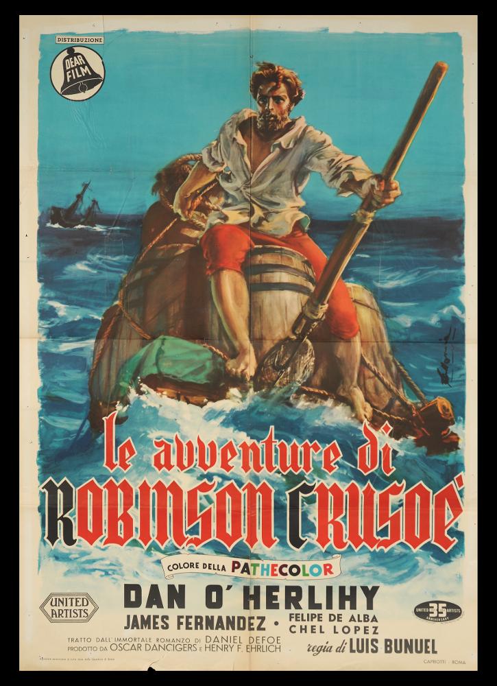 L'immagine riproduce uno dei manifesti conservati presso la Mediateca Regionale Pugliese (vedi Note). Si tratta di una delle versioni grafiche per il manifesto del film "Le avventure di Robinson Crusoe", opera attribuibile all’illustratore siracusano Saro Bellomia, come si evince dalla firma in cui si riconoscerebbe "SBellomia". Attivo tra gli anni Quaranta e Cinquanta del Novecento, iniziò la carriera come illustratore di libri e giornali per ragazzi di editori romani, come ad esempio “Il Balilla”. Il suo stile si mostra tradizionale e molto realistico; ordinata ed elegante è l'impostazione scelta dal pittore per questa composizione d'avventura, in cui mette in primo piano la figura del noto Robinson Crusoe, interpretato dall'attore Dan O' Herlihy. La pittura morbida, ...