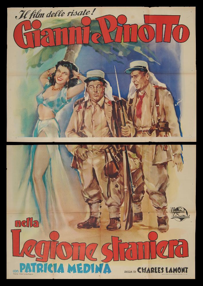 L'immagine riproduce uno dei manifesti conservati presso la Mediateca Regionale Pugliese (vedi Note). Si tratta della versione grafica del manifesto per il film "Gianni e Pinotto nella Legione straniera", a firma dell’illustratore E.pic., come si evince dalla firma sul fianco destro. La composizione ruota intorno ai tre protagonisti, ma soprattutto mette in risalto le figure del duo comico statunitense Bud Abbott e Lou Costello, rappresentati nelle loro tipiche smorfie buffe ed esilaranti, caratteristiche che li accomunano a Stanlio e Ollio e al fortunato filone cinematografico delle gag divertenti per il grande pubblico. Bella la rappresentazione pittorica morbida e sfumata (probabilmente dovuto all'uso di acquerelli), che con fluide pennellate rende anche l'ambientazi...