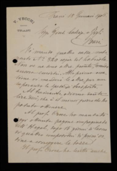Nella lettera, Valdemaro Vecchi comunica a Laterza di avergli spedito alcune copie del volume di Arturo Labriola e di aver mandato le bozze del volume di Georg W.F. Hegel al curatore per ulteriori revisioni. Lamenta poi le profonde correzioni apportate ai testi in lavorazione da Benedetto Croce e da Aurelio G. Amatucci, le quali rallentano l'opera della sua tipografia.