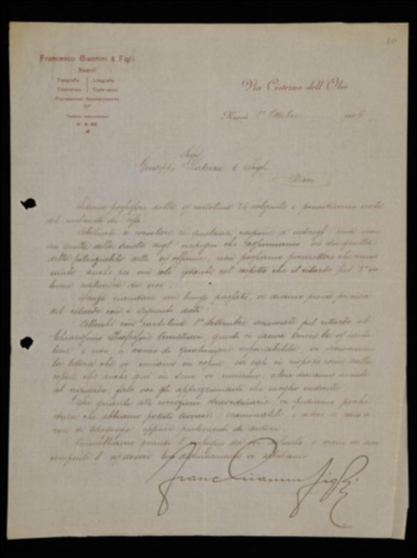 Nella lettera, il tipografo Francesco Giannini respinge la responsabilità del ritardo nella stampa del secondo volume di Amatucci addebitatagli, allegando a sostegno delle proprie asserzioni la corrispondenza intrattenuta a riguardo con Amatucci. Annulla pertanto l'impegno preso con l'editore barese.