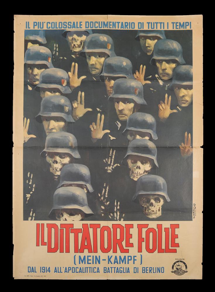 L'immagine riproduce uno dei manifesti conservati presso la Mediateca Regionale Pugliese (vedi Note). Si tratta del manifesto del film "Il dittatore folle", a firma di Donelli. La composizione pittorica e grafica basa sulla ripetizione dei soldati e dei teschi tutta l'inquitetudine e drammaticità del film-documentario sull'ascesa al potere di Hitler e del nazismo. Il claim in alto "il più colossale documentario di tutti i tempi" rafforza tutta l'immagine; i colori spenti, i volti "anonimi", tutti uguali, ma con lo sguardo dritto verso il fruitore sono espressione di fatti ed eventi drammatici che hanno segnato tragicamente un'epoca a cui tutto il mondo ha assistito. Donelli dimostra anche in altri manifesti, qui in collezione, la sua modernità artistica e compositiva, r...