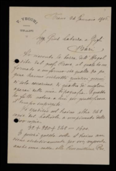 Nella lettera, Valdemaro Vecchi comunica a Laterza di aver mandato le bozze del volume di Georg W.F. Hegel a Benedetto Croce, le cui profonde correzioni hanno rallentato la stampa. Lo avvisa inoltre di aver spedito alla casa editrice, insieme ad alcune copie del volume di Arturo Labriola, anche del materiale da recapitare alla Commissione Provinciale di Storia Patria o a Francesco S. Nitti e alcune copie del volume : Salis Marschlins, Carl Ulysses (von) , "Nel Regno di Napoli : viaggi attraverso varie province nel 1789" , trad. di Capriati De Nicolò, Ida (Trani : V. Vecchi, 1906).
