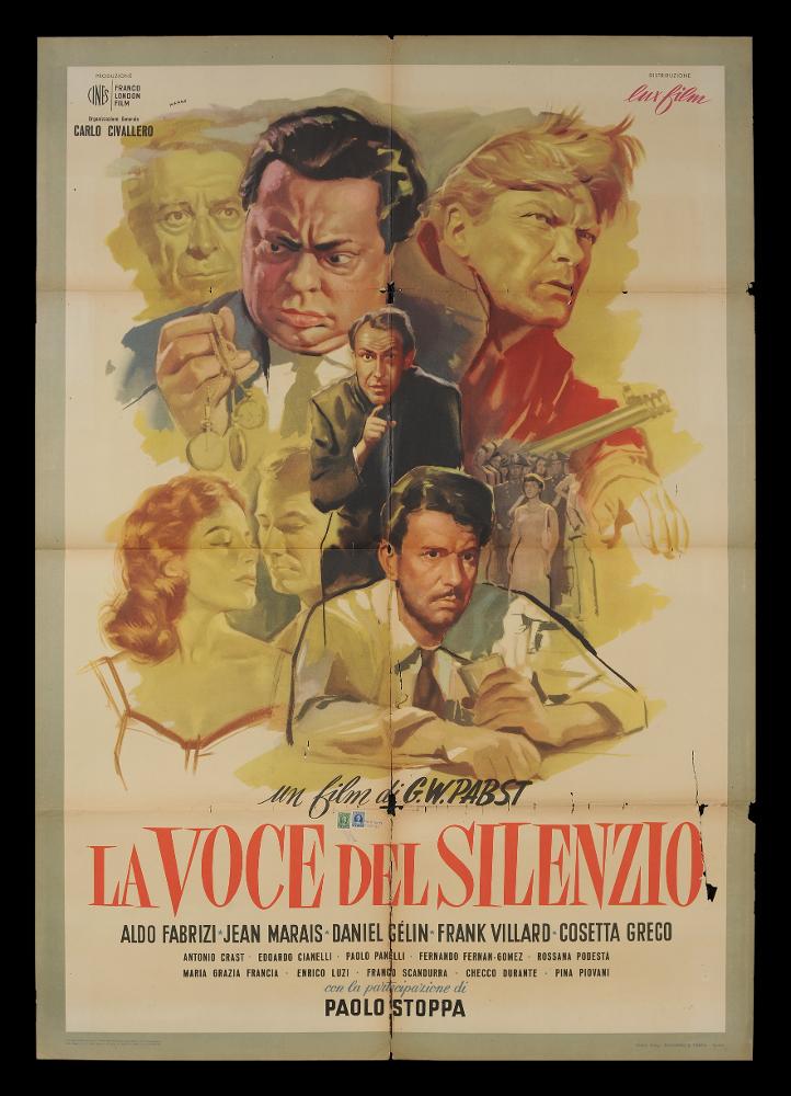 L'immagine riproduce uno dei manifesti conservati presso la Mediateca Regionale Pugliese (vedi Note). Si tratta di uno dei manifesti del film “La voce del silenzio” del 1952 per la regia di Georg Wilhelm Pabst. La composizione è a firma di Manno (Manno Dante), pittore formatosi all'Accademia di Belle Arti, dove fu allievo di Duilio Cambellotti. Questo influenzerà la sua carriera, dedicandosi totalmente alla pittura di cinema, sua grande passione fino alla crisi degli anni '70. L'uso degli acquerelli e della tempera, di colori compatti e pastosi rendono le sue figure ben definite e morbide, unendo un certo stile classico e accademico ad una grafica moderna. Manno, come molti altri pittori dell'epoca dediti alla pittura per manifesti, si fece interprete del filone Neoreal...