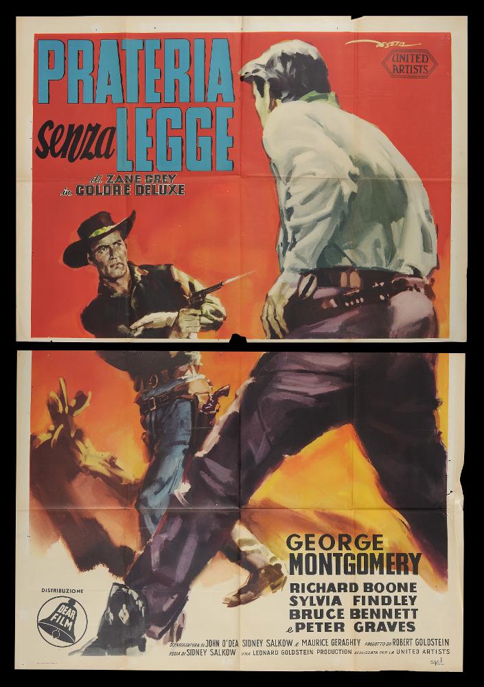 L'immagine riproduce uno dei manifesti conservati presso la Mediateca Regionale Pugliese (vedi Note). Si tratta del manifesto del film "Prateria senza Legge", a firma di Deseta (Enrico De Seta), disegnatore e pittore italiano, noto come fumettista per giornali satirico-umoristici e periodici per ragazzi e soprattutto per la sua produzione di illustrazioni cinematografiche. La sua vena umoristica seppe caratterizzare molte sue opere, ma Deseta ne realizzò anche per film drammatici o western, come in questo caso. Le figure di questa composizione sono rese con pennellate fluide e larghe, quasi espressioniste, pochi colori netti e un taglio compositivo insolito, fotografico, che mette in evidenza i due protagonisti in antitesi e uno sparo che esce dalla pistola, che rende a...