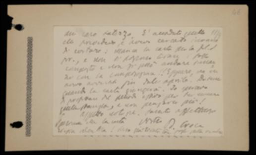 Nella cartolina, rammaricato dal ritardo nell'arrivo della carta per la stampa del proprio volume di filosofia della pratica, Benedetto Croce sollecita Giovanni Laterza a tenerlo informato in merito.