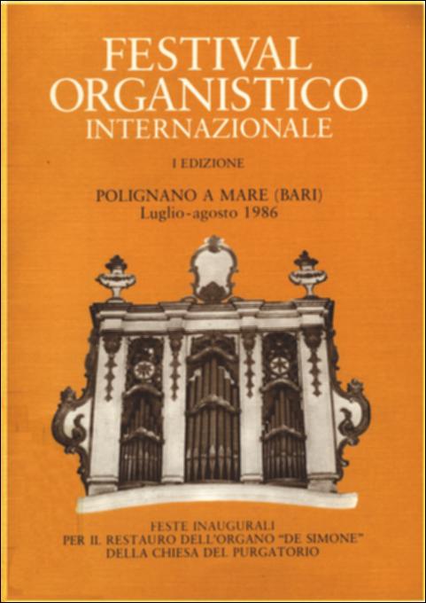 Il volume è parte della grande raccolta denominata “Libri di Puglia”, progetto di digitalizzazione a cura di Nicola Pergola che ha lo scopo di rendere fruibile la produzione editoriale dei Centri regionali di servizi educativi e culturali e degli Assessorati alla cultura e alla Pubblica Istruzione della Regione Puglia, dal 1968 agli anni 2000. L'opuscolo – edito in collaborazione con il Comune di Polignano a Mare e il Centro Ricerche Storico-artistiche e Speleo-archeologiche – nasceva in occasione della prima edizione del Festival: manifestazione voluta dalla locale Amministrazione Comunale per celebrare l'avvenuto restauro del prezioso organo della Chiesa del Purgatorio. Il settecentesco strumento – prodotto nel rinomato laboratorio organaro barese dei De Simone (Pietr...