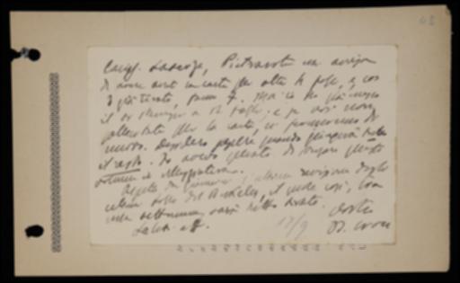 Nella cartolina Benedetto Croce chiede informazioni a Giovanni Laterza sull'arrivo della carta per la stampa del suo volume di filosofia della pratica e gli comunica la prossima conclusione del volume di George Berkeley.