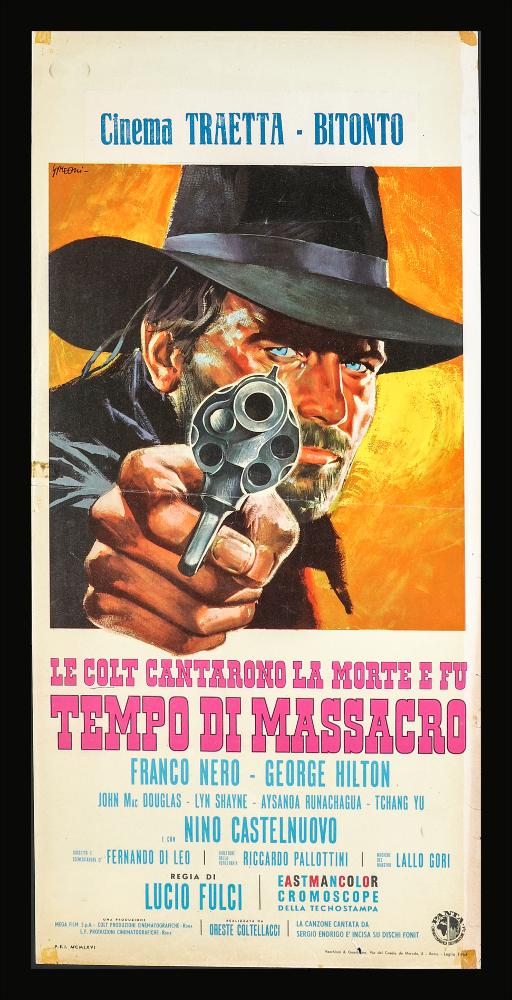 “Le colt cantarono la morte e fu... tempo di massacro” è film western italiano diretto nel 1966 da Lucio Fulci, su sceneggiatura scritta insieme a Fernando Di Leo ed Enzo Dell’Aquila.
Tra gli interpreti principali Franco Nero, George Hilton, Linda Sini, Nino Castelnuovo, John M.Douglas.
La locandina cinematografica è firmata da Sandro Symeoni (Symeoni), paternità attribuibile dalla firma in alto a sinistra. Pittore ferrarese tra i più prolifici disegnatori di cinema, Symeoni utilizzò un linguaggio non piano, ma dalle molteplici sfaccettature, mutevoli negli anni. In questo manifesto la composizione grafica è molto semplice, vi è la solo presenza del ritratto del protagonista Franco Nero che sembra puntare la pistola direttamente contro lo spettatore, una sensazione data...