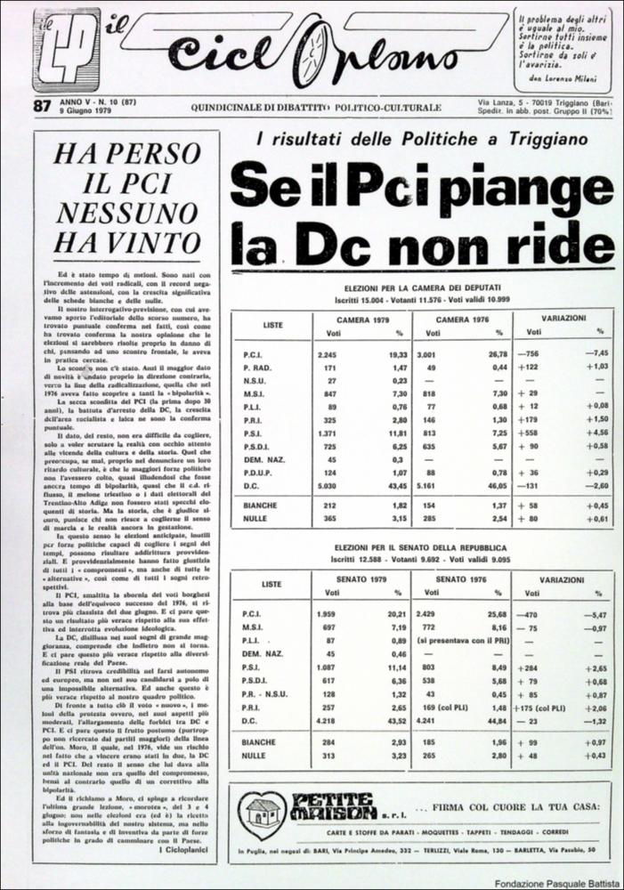 “Il Cicloplano” è un periodico della città di Triggiano (Ba), un quindicinale di dibattito politico-culturale e di cronaca locale e non solo dagli anni Settanta agli anni Ottanta.
La Fondazione Pasquale Battista si è occupata della digitalizzazione di alcuni numeri del suddetto periodico, allo scopo di conservare tale importante documentazione sulla storia di questa città.
La Fondazione, infatti, persegue la mission di incentivare la diffusione del patrimonio culturale locale e di diffondere le idee e la sensibilità dello storico Pasquale Battista, a cui la Fondazione è dedicata, per tramandare nel tempo il suo impegno sociale e la sua dedizione....