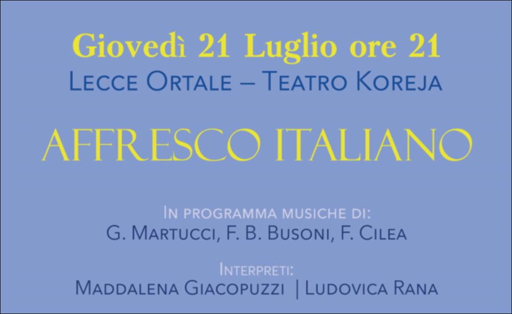 Per la VI Edizione del Festival Internazionale Di Musica Da Camera “Classiche Forme” diretto dalla pianista Beatrice Rana, l’Associazione Opera Prima ha presentato concerti e spettacoli musicali con giovani artisti di talento e solisti di fama internazionale. 
Il 21 Luglio 2022 presso Lecce Ortale al Teatro Koreja è stato presentato il concerto “Affresco Italiano” con in programma le musiche dei compositori G. Martucci, F.B. Busoni e F. Cilea....
