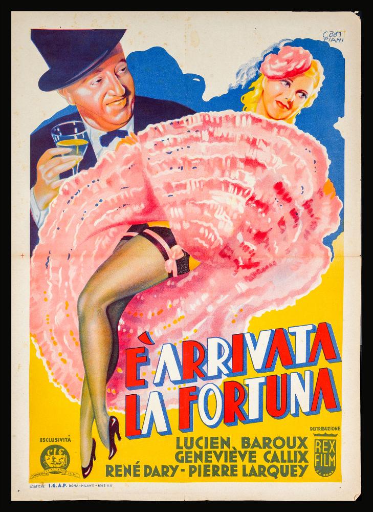 L'immagine riproduce uno dei manifesti conservati presso la Mediateca Regionale Pugliese (vedi Note). Si tratta della locandina del film "È arrivata la fortuna", che porta la firma di C. Bompiani. Si potrebbe attribuire al pittore romano Carlo Ludovico Bompiani, autore di ritratti, nature morte e paesaggi, formatosi presso le Accademie di Francia e Inghilterra. Nel 1935 iniziò la sua attività come cartellonista per il cinema prima presso il Consorzio EIA, poi come direttore per l'ufficio pubblicità della Generalcine; dopo la guerra riprese l'attività artistica stringendo collaborazioni con un gruppo di intellettuali, fra cui Federico Fellini e Guglielmo Guasta Veglia. La sua produzione fu intensa e in continua evoluzione artistica, anche nei manifesti cinematografici. I...