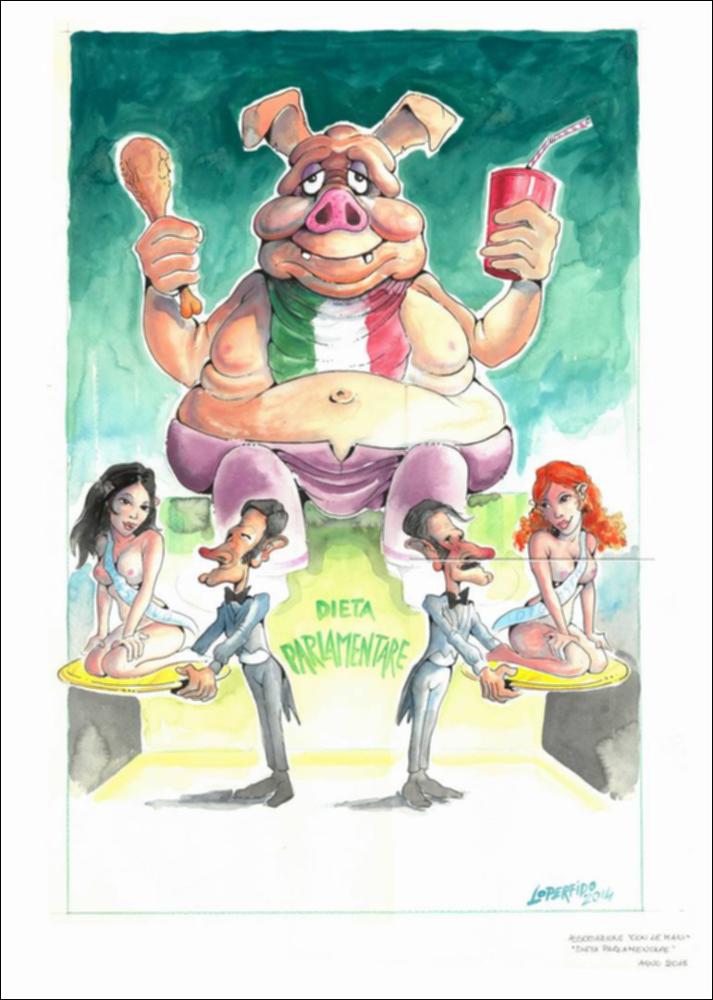 Per l'anno 2015 il tema ispiratore dei carri allegorici scelto dalla Fondazione Carnevale di Putignano è "I vizi capitali".
Nel bozzetto, realizzato dall’ Associazione culturale “Con le mani” - Gruppo Loperfido, la golosità è rappresentata da un maiale che si abbuffa, simbolo della condizione opulenta del politico-parlamentare italiano. I camerieri sorreggono le donne come “digestivo” per indorare la pillola delle tasse e delle riforme. 
Il bozzetto è realizzato a firma di Loperfido, con l'uso di acquerelli e matita, e penna ad inchiostro per i contorni. Le sfumature e i colori a contrasto conferiscono al disegno un effetto volumetrico....