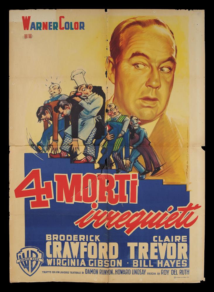 L'immagine riproduce uno dei manifesti conservati presso la Mediateca Regionale Pugliese (vedi Note). Si tratta di uno dei manifesti del film “4 morti irrequieti” del 1952 per la regia di Roy Del Ruth. La firma che si legge è dell’illustratore toscano Martinati (Luigi Martinati), fondatore con Anselmo Ballester e Alfredo Capitani dello studio BCM, società di produzione di manifesti per il cinema e da considerarsi uno degli interpreti della prima maniera del manifesto di cinema. La composizione grafica presenta dei giochi di contrasto con colori netti, evidenziati dalla luce dello sfondo, artifici che il Martinati utilizza spesso nelle sue opere. I personaggi che salgano su una scalinata hanno le sembianze di clown, evidenti infatti i volti con il naso rosso e la mascher...