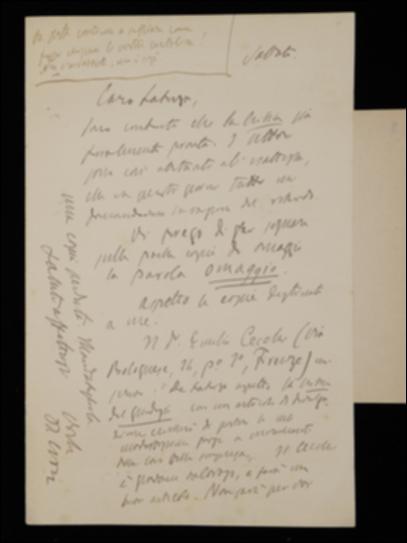 Nella lettera, Benedetto Croce dà indicazioni a Laterza sugli omaggi del periodico e lo sollecita ad inviare un volume della collana filosofica a Emilio Cecchi per una recensione.