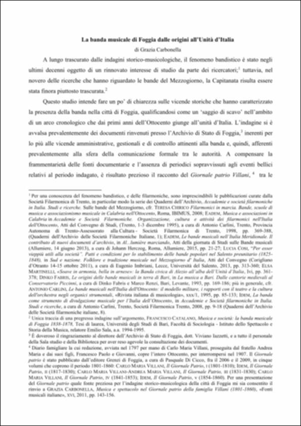 <div class="ql-editor"><div>Questo contributo, a cura di Grazia Carbonella, analizza la storia e il ruolo delle bande musicali a Foggia dall’inizio dell’Ottocento all’Unità d’Italia, con particolare attenzione alle fonti archivistiche e alle influenze militari.</div><div class="ql-align-justify">Le prime notizie storiche della presenza di una Banda a Troia fanno risalire la nascita del sodalizio al 1841 e il 22 marzo 1881 si riunisce il Consiglio Comunale per approvare il Regolamento per la "Banda Musicale di Troia".</div><div>L’associazione che attualmente organizza il Complesso Bandistico, nata nel 1991 con</div><div>lo scopo di promuovere e sviluppare la cultura musicale e, in special modo, quella bandistica di cui la citt&#...