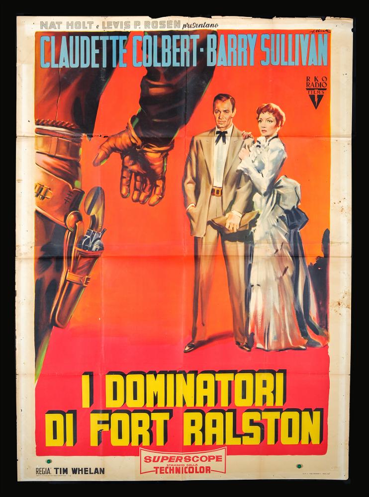 L'immagine riproduce uno dei manifesti conservati presso la Mediateca Regionale Pugliese (vedi Note). Si tratta di una delle versioni grafiche del manifesto del film "I dominatori di Fort Ralston", a firma dell'illustratore bolognese Giorgio Olivetti. Classe 1908, Olivetti caratterizza le sue prime opere da uno stile morbido, sfumato, fatto di acquerelli delicati che rendono il volume anche grazie ad un uso sapiente dei chiaroscuri. L'eleganza della composizione e il realismo figurativo dei personaggi contraddistinguono anche questo manifesto, in cui l'insieme risulta insolito, con il fondo uniforme completamente rosso che catapulta lo spettatore in una ambientazione senza luogo, in cui si percepisce l'atmosfera western solo dai dettagli della figura in primissimo piano...