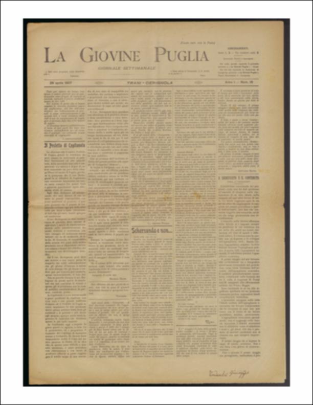 Il documento è parte della collezione del fondo libri digitalizzati della Biblioteca provinciale La Magna Capitana di Foggia, comprendente alcune monografie di diversi secoli e periodici del Novecento. Nello specifico si tratta del num. 18 dell'anno I de “La Giovine Puglia. Giornale socialista settimanale” del 28 aprile 1907. Il giornale si apre con la notizia del nuovo Prefetto di Foggia, che dichiara di dedicarsi "all'adempimento dei suoi doveri, di cui ne sente la grande responsabilità, con fermi sentimenti di giustizia". In Capitanata, dice "La Giovine Puglia", ci sono ancora molti e gravi problemi da risolvere e a mezzo stampa invita il cav. Bertagnoni a stare alla larga da certi approfittatori. In seconda pagina un interessante trafiletto informa che si mangia tro...