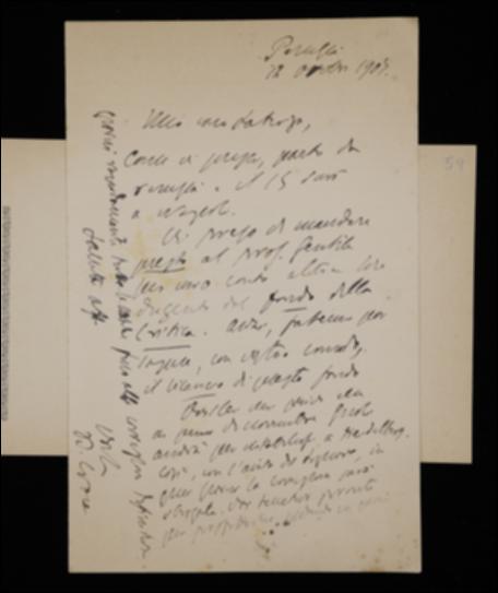 Nella lettera, Benedetto Croce rammenta a Laterza il suo prossimo ritorno a Napoli e lo sollecita a spedire tutto il materiale necessario alla pubblicazione del volume "Positivismo e idealismo nella scienza del linguaggio" di Karl Vossler quando il curatore Tommaso Gnoli sarà ad Heidelberg presso l'autore.