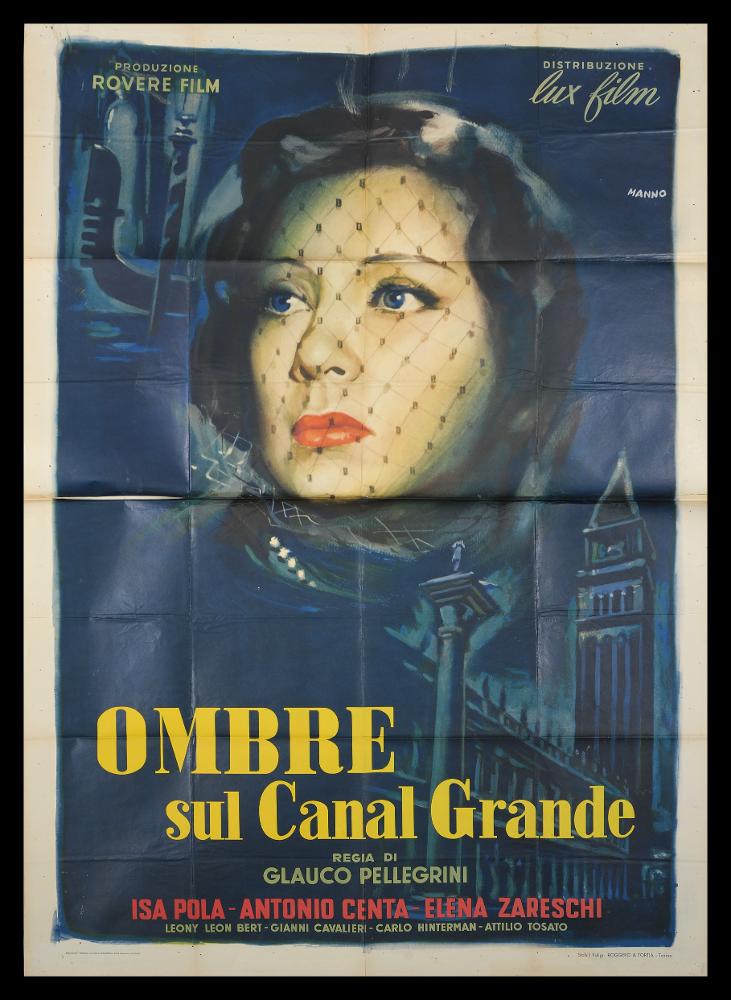 L'immagine riproduce uno dei manifesti conservati presso la Mediateca Regionale Pugliese (vedi Note). Si tratta di una delle versioni grafiche del manifesto del film "Ombre sul Canal Grande", a firma di Manno (Dante Manno). Formatosi all'Accademia di Belle Arti, dove fu allievo di Duilio Cambellotti, è stato un grande artista e pittore di cinema. Questo influenzerà la sua carriera, dedicandosi totalmente alla pittura di cinema, sua grande passione fino alla crisi degli anni '70. L'uso degli acquerelli e della tempera, di colori compatti e pastosi rendono le sue figure ben definite e morbide, unendo un certo stile classico e accademico ad una grafica moderna. Manno, come molti altri pittori dell'epoca dediti alla pittura per manifesti, si fece interprete del filone Neore...