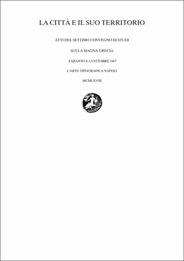 Il volume digitalizzato contiene gli Atti del settimo convegno di Studi sulla Magna Grecia, svoltosi a Taranto dal 3 al 12 ottobre 1967 e pubblicato a cura del Centro Studi della Magna Grecia dell'Università di Napoli e dell'Ente provinciale per il turismo di Taranto. Il convegno analizzò il rapporto tra la città e il territorio, un rapporto legato dalla topografia, ma anche di carattere giuridico che riguarda la proprietà fondiaria. Il convegno fu correlato da una mostra nella quale fu presentato il materiale ceramico rinvenuto nelle necropoli del territorio tarantino, dalla mostra dei reperti sottomarini, allestita nel Castello di Taranto e dalla mostra dei Micenei in Italia. Il dibattito analizzò in particolare i problemi relativi alla denominazione geografica "Magna...
