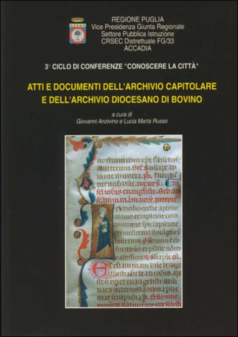 Il volume in oggetto è parte della grande raccolta denominata “Libri di Puglia”, progetto di digitalizzazione a cura di Nicola Pergola che ha lo scopo di rendere fruibile la produzione editoriale dei Centri regionali di servizi educativi e culturali e degli Assessorati alla cultura e alla Pubblica Istruzione della Regione Puglia, dal 1968 agli anni 2000. “Atti e documenti dell'Archivio Capitolare e dell'Archivio Diocesano di Bovino” racchiude in un'unica pubblicazione i preziosi contributi inerenti al 3° ciclo di conferenze “Conoscere la città” tenutosi a Bovino nell'ottobre del 1999 per illustrare i documenti ritrovati negli Archivi Capitolare e Diocesano della cittadina dauna che mostrano una comunità cristiana culturalmente viva che il CRSEC FG/33 intendeva salvaguar...