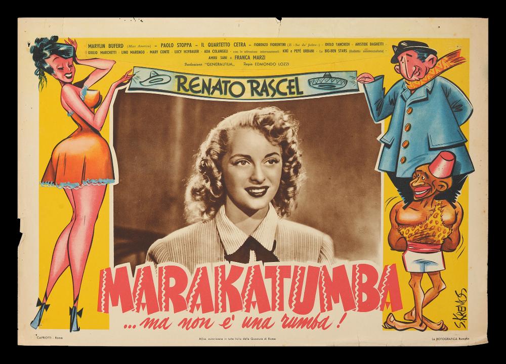 L'immagine riproduce uno dei manifesti conservati presso la Mediateca Regionale Pugliese (vedi Note). Si tratta di una delle fotobuste del film “Marakatumba, ma non è una rumba...!” del 1949 per la regia di Edmondo Lozzi, a firma dell’illustratore S. Kremos. Nome d'arte di Niso Ramponi, fu un disegnatore dalle qualità eccezionali; seppe contraddistinguersi per il suo stile fumettistico che esaltava la donna, con forme sensuali volutamente accentuate, in pieno stile pin-up. Non a caso, fu ironicamente soprannominato il "Sovrano di donnine" de Il Travaso, uno dei più popolari giornali umoristici italiani del Novecento. La collaborazione con il giornale iniziò nel 1948 e le sue figure femminili in copertina portarono ad un aumento notevole delle tirature. Riconoscibili, le...