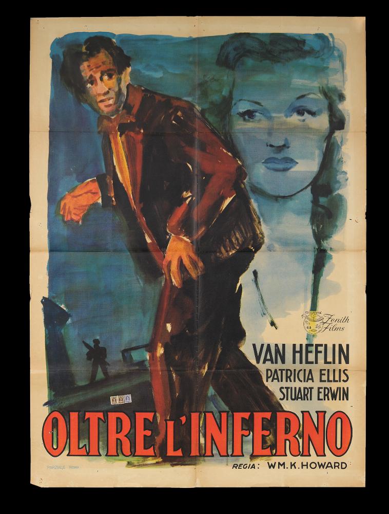 L'immagine riproduce uno dei manifesti conservati presso la Mediateca Regionale Pugliese (vedi Note). Si tratta di una delle versioni grafiche del manifesto del film americano "Oltre l'inferno". La composizione, senza firma, mostra una pittura a pennellate veloci e un'impostazione piuttosto tradizionale, con elementi e dettagli riconducibili alla trama del film drammatico, in cui viene ricostruita la storia di tre protagonisti, vecchi compagni di scuola, di cui uno diventerà un gangster. Nel volto del protagonista, in primo piano a figura intera, l'artista ripone infatti la drammaticità del lungometraggio, mentre il volto sulla destra si amalgama al fondo blu scuro come una figura onirica. L'impostazione grafica rispecchia i canoni del cosiddetto "primo stile" della pit...