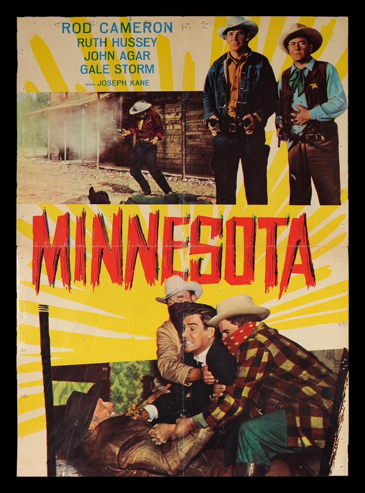 L'immagine riproduce uno dei manifesti conservati presso la Mediateca Regionale Pugliese (vedi Note). Si tratta di una delle fotobuste del film “Minnesota”, del regista Joseph Kane. La composizione grafica presenta due scatti di scena, su uno sfondo giallo, che raccontano due momenti del film, a dividerli il titolo in stampatello rosso con contorni frastagliati che richiamano alla mente il sangue....