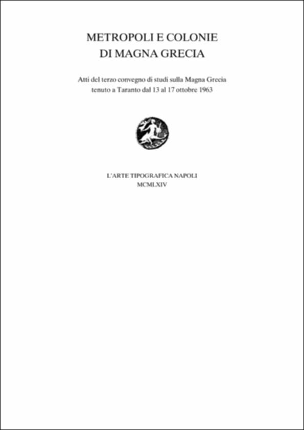 Il volume digitalizzato contiene gli Atti del terzo convegno di Studi sulla Magna Grecia, svoltosi a Taranto dal 13 al 17 ottobre 1963 e pubblicato a cura del Centro Studi della Magna Grecia dell'Università di Napoli e dell'Ente provinciale per il turismo di Taranto. Tema principale del convegno fu lo studio dei rapporti storici, giuridici, linguistici e culturali tra le città della madrepatria greca e le colonie da esse fondate nell'Italia Meridionale. Diversificate furono le impronte lasciate dalla cultura greca nelle diverse zone meridionali, a seconda delle consuetudini e tradizioni già radicate.