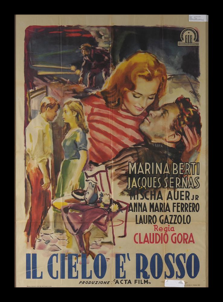 “Il cielo è rosso” è un film del 1950 diretto da Claudio Gora, tratto dal romanzo omonimo di Giuseppe Berto.
La sceneggiatura è di Giuseppe Berto, Claudio Gora e Giuseppe Santilli. Tra gli interpreti principali ricordiamo Marina Berti, Jacques Sernas, Mischa Auer, Anna Maria Ferrero, Lauro Gazzolo.
Il manifesto cinematografico è firmato dal celebre pittore di cinema Manfredo Acerbo (pseudonimo Manfredo). Abruzzese di nascita, si forma a Roma all'Accademia di Belle Arti. La sua carriera lavorativa lo vede insegnante di pittura, grafico e illustratore per il cinema. Il suo stile è contraddistinto da un segno grafico espressionista, dall'accostamento del nero a colori accesi e da una composizione fatta di macchie e pennellate rapide, molto contemporanee, che certamente lo ...