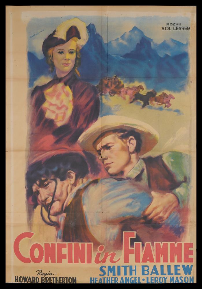 L'immagine riproduce uno dei manifesti conservati presso la Mediateca Regionale Pugliese (vedi Note). Si tratta di una delle versioni grafiche del manifesto del film americano degli anni '30 “L'oro del west - Confini in fiamme”, a firma dell’illustratore Tarquini (Tarquini Paolo). "Pittore non Pittore" come lui stesso si definì, fu un artista che condivise la sua arte con il padre Sabatino ed i fratelli Luigi e Glauco. Il suo stile etereo dalle ambientazioni impalpabili si ritrova anche in questa composizione; in primo e secondo piano tre figure occupano quasi tutto lo spazio, mentre lo sfondo con le montagne blu cobalto appena delineate e la diligenza in fuga fanno entrare il fruitore nell'ambientazione del film. Tarquini fu amante di una pittura sfumata e policroma, t...