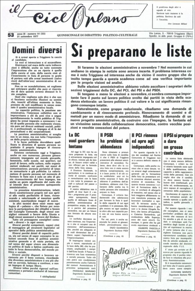 <div class="ql-editor">“Il Cicloplano” è un periodico della città di Triggiano (Ba), un quindicinale di dibattito politico-culturale e di cronaca locale e non solo dagli anni Settanta agli anni Ottanta.
La Fondazione Pasquale Battista si è occupata della digitalizzazione di alcuni numeri del suddetto periodico, allo scopo di conservare tale importante documentazione sulla storia di questa città.
La Fondazione, infatti, persegue la mission di incentivare la diffusione del patrimonio culturale locale e di diffondere le idee e la sensibilità dello storico Pasquale Battista, a cui la Fondazione è dedicata, per tramandare nel tempo il suo impegno sociale e la sua dedizione.</div>...