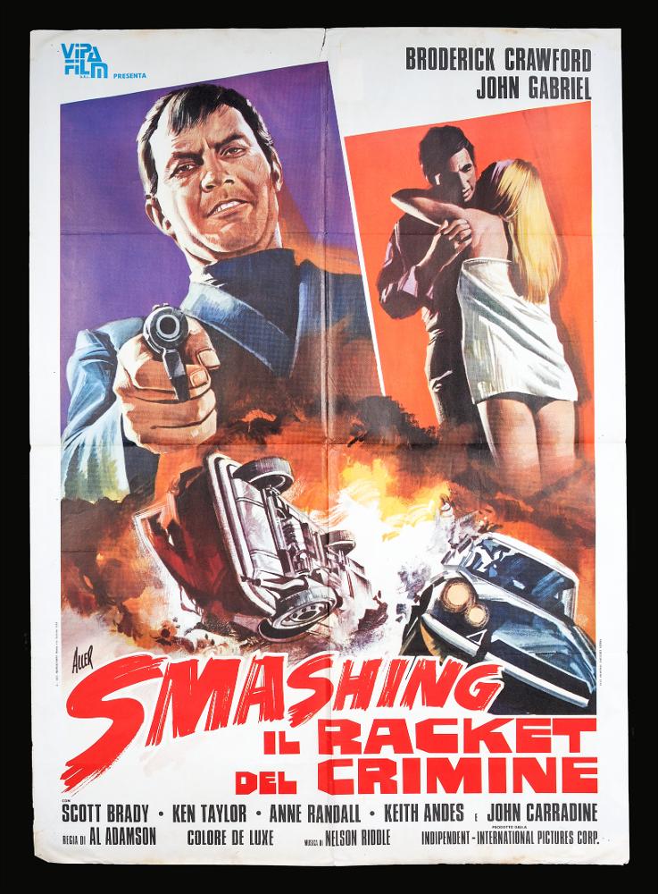 L'immagine riproduce uno dei manifesti conservati presso la Mediateca Regionale Pugliese (vedi Note). Si tratta della versione grafica del manifesto di "Smashing - Il racket del crimine", film poliziesco del 1972, la cui illustrazione è a firma di Aller. L'artista ha realizzato altre opere per film polizieschi e molti basati sulle arti marziali dell'Asia orientale, visibili in questa collezione. La composizione in oggetto rivela un impianto grafico molto illustrativo e dinamico, strutturato in più spazi narrativi, separati grazie all'uso di linee, contorni e colori pieni. Le opere di Aller donano spesso un grande impatto visivo moderno e sono ricche di dettagli figurativi, che rendono nell'insieme la dinamicità delle scene....