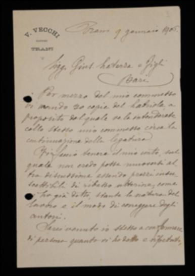 Nella Valdemaro Vecchi comunica a Laterza di avergli spedito alcune copie del volume di Arturo Labriola e lo invita a saldare il conto senza chiedere alcun ribasso.
