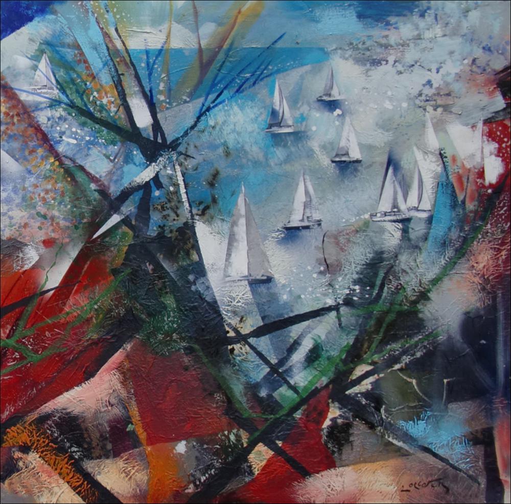 L'immagine digitale riproduce l'opera “Scogliera della regata”, dell'artista pugliese Michele Roccotelli. Classe 1946, iniziò i suoi studi a Bari per perfezionarli a Roma ed iniziare, giovanissimo nel 1968, a dedicarsi ad esposizioni, personali, rassegne nazionali prestigiose nel panorama artistico contemporaneo italiano dell'epoca (Arte Fiera di Bologna, Arte Roma e le Expo Arte baresi) e mostre internazionali persino in Canada e negli ultimi anni molte in Germania. La pittura di Roccotelli è fatta di colori e pennellate che creano, attraverso l'ideazione di geometrie astratte e immaginifiche, i paesaggi naturali nei quali sono inseriti i dettagli desunti dalla sua terra. In “Scogliera della regata” come negli altri paesaggi marini della serie, ad esempio si notano le ...