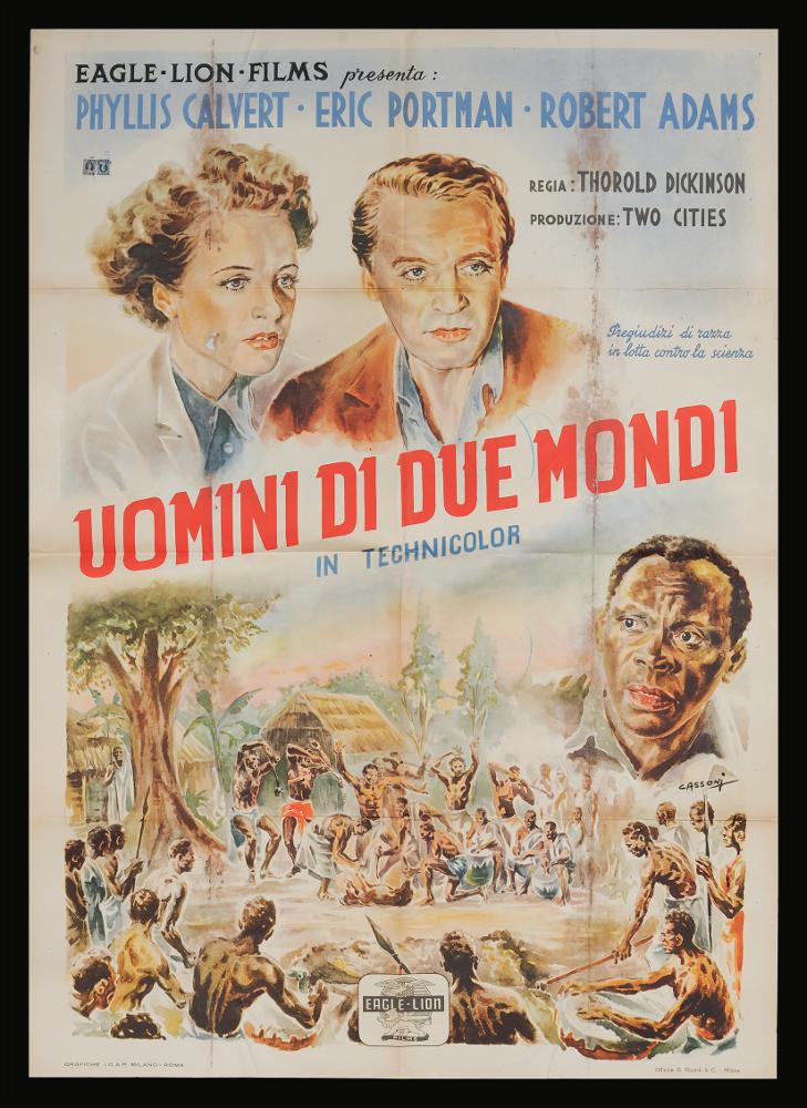 L'immagine riproduce uno dei manifesti conservati presso la Mediateca Regionale Pugliese (vedi Note). Si tratta di una delle versioni grafiche per il manifesto del film drammatico "Uomini di due mondi" del 1946 per la regia di Thorold Dickinson. La firma che si legge è dell’illustratore Enzo Cassoni (Cassoni), artista eclettico, classe 1925. Artista che riuscì a raffigurare in maniera unica la Roma negli immediatamente dopo la Seconda Guerra Mondiale, fu non solo pittore, illustratore, disegnatore, cartellonista cinematografico ma anche fumettista, autore di cartoline, autore di réclame per la pubblicità industriale e autore di disegni inseriti in testi di carattere didattico. La composizione ha uno sfondo molto chiaro ed è idealmente diviso in due dal titolo rosso in d...