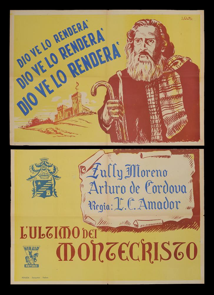 L'immagine riproduce uno dei manifesti conservati presso la Mediateca Regionale Pugliese (vedi Note). Si tratta di uno dei manifesti del film drammatico “L’ultimo dei Montecristo” del 1948 per la regia di Luis César Amadori, riportato come Amador. La composizione grafica presenta un formato molto grande (140x200 cm) ed è divisa in due fogli. Nella parte superiore si legge, in alto a destra, la firma J. Sabattini (Johnson Sabattini) cartellonista bolognese che, in maniera semplice e lineare illustra questo manifesto. Su uno sfondo giallo chiaro e tenue, nella parte superiore abbiamo un solo personaggio maschile, probabilmente l'ultimo dei Montecristo evocato dal titolo, e in lontananza la presenza di un castello. Nella parte inferiore ritroviamo in un cartiglio i nomi di...
