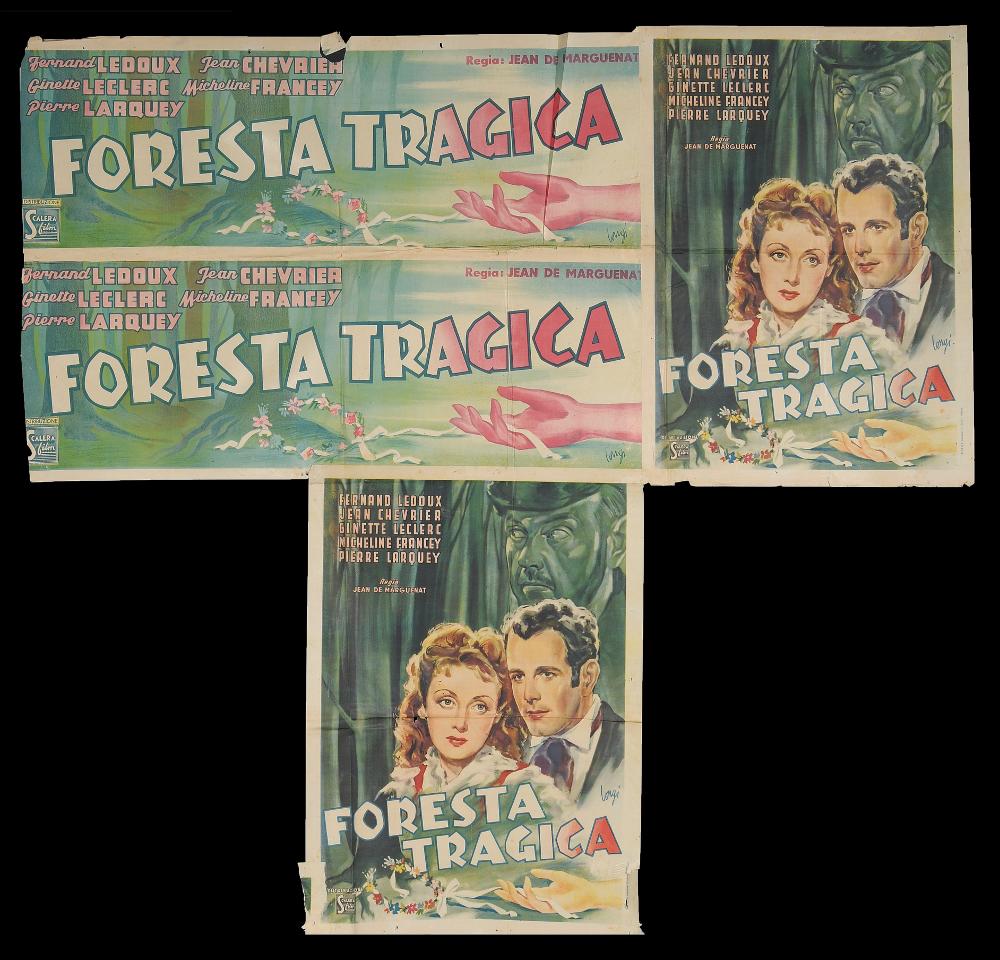 L'immagine riproduce uno dei manifesti conservati presso la Mediateca Regionale Pugliese (vedi Note). Si tratta del manifesto del film "Foresta tragica", a firma di Longi. Nell'immagine si presenta compreso di più parti ripetute e unite tra loro, così come è conservato fisicamente. La composizione verticale si presenta elegante e tutta intonata nei toni del verde, compreso la figura oscura che si cela misteriosa dietro i due protagonisti, mentre il manifesto orizzontale ripropone (come nell'altra composizione) la foresta, il titolo e i due elementi femminili, che richiamano il fulcro centrale di tutto il film. Il realismo dei volti è una caratteristica del pittore, che iniziò la carriera artistica come ritrattista per poi dedicarsi all'attività di illustratore e cartell...