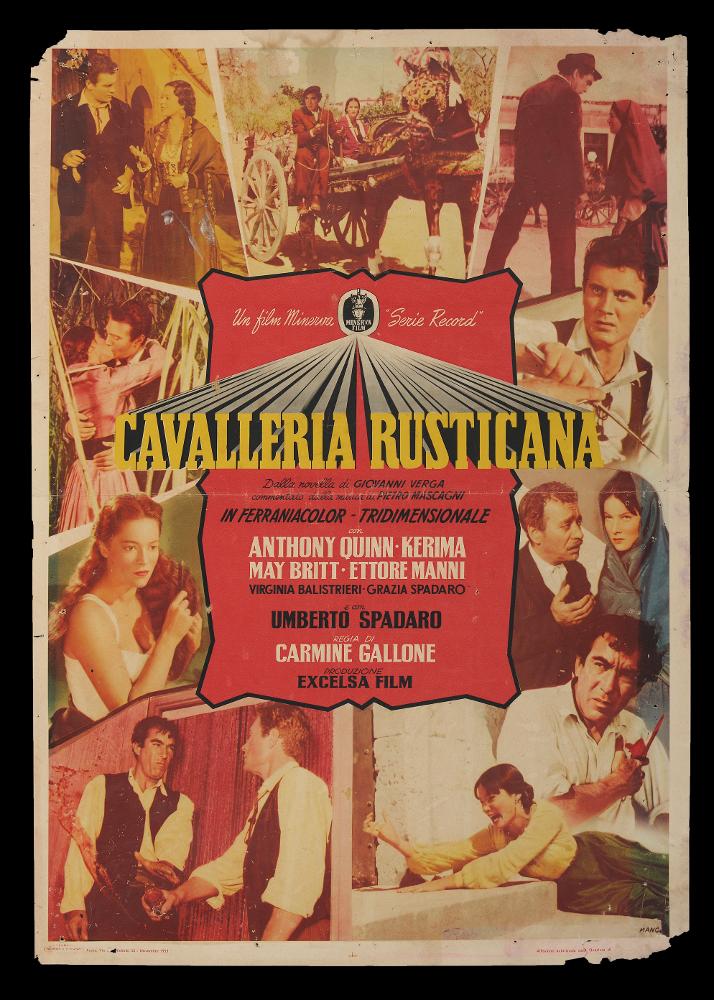 L'immagine riproduce uno dei manifesti conservati presso la Mediateca Regionale Pugliese (vedi Note). Si tratta della versione grafica della fotobusta verticale del film italiano “Cavalleria rusticana”, a firma dell’illustratore Manco, di cui non si conoscono notizie. La composizione colpisce per le fotografie di scena utilizzate per comporre un puzzle narrativo dai toni caldi e solari della terra, che raccontano il film musicale italiano, tratto dalla novella di Giovanni Verga....