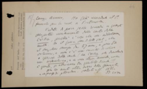 Nella cartolina, Benedetto Croce comunica a Giovanni Laterza di aver iniziato ad inviare il materiale per la ristampa della seconda annata de "La Critica", lo esorta a rimediare ai continui mutamenti di qualità della carta del periodico e a fargli spedire le bozze del volume di Silvio Spaventa.