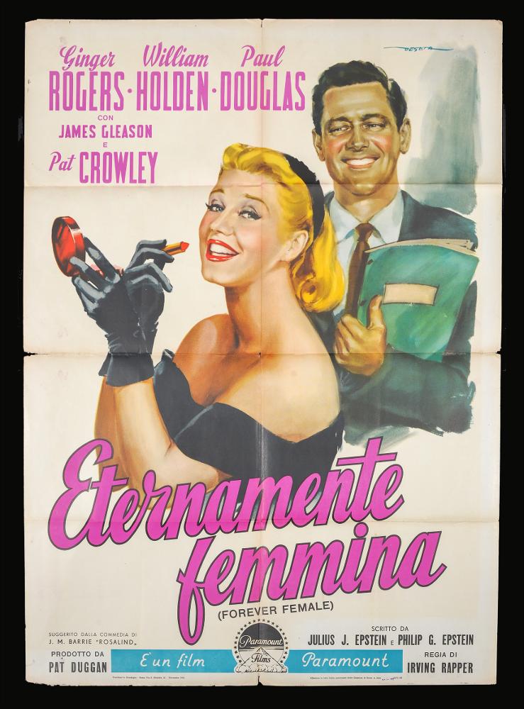 L'immagine riproduce uno dei manifesti conservati presso la Mediateca Regionale Pugliese (vedi Note). Si tratta del manifesto del film "Eternamente femmina", a firma di Deseta (Enrico De Seta), disegnatore e pittore italiano, noto come fumettista per giornali satirico-umoristici e periodici per ragazzi e soprattutto per la sua produzione di illustrazioni cinematografiche. La vena umoristica di Deseta si rivela anche in questa composizione, in cui sullo sfondo bianco campeggiano i grandi ritratti a mezzo busto dei due protagonisti, gli attori Ginger Rogers e William Holden in sorrisi sfavillanti. Con grande realismo pittorico, Deseta descrive l'atmosfera della vita americana degli anni '50 legata al teatro. Pennellate fluide e larghe, pochi colori vivaci e la rappresenta...