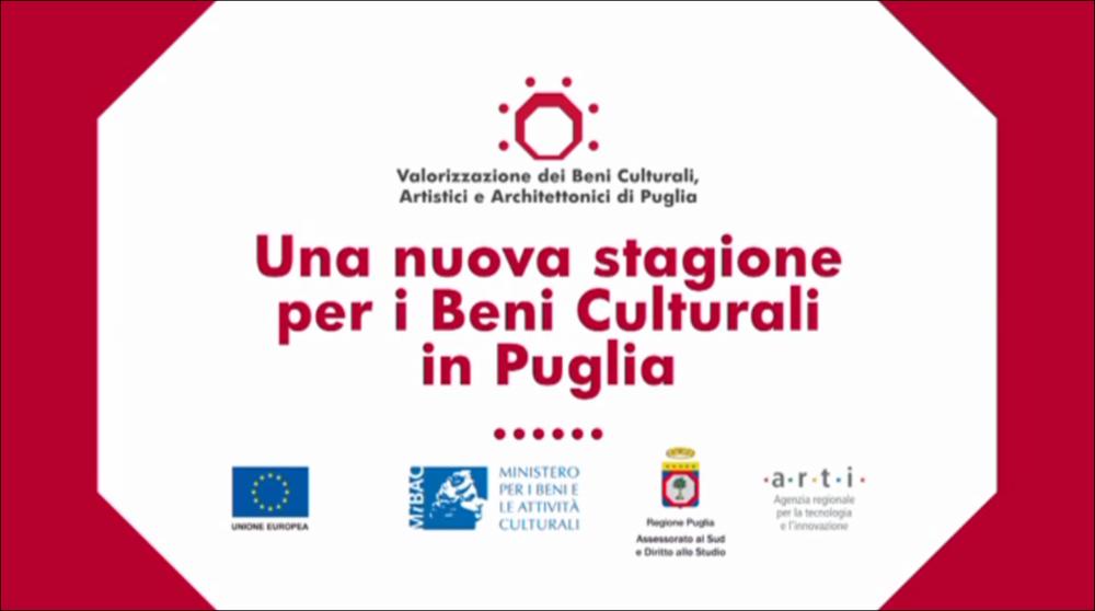 “Valorizzazione dei Beni Culturali Artistici e Architettonici di Puglia” è un video con voce narrante realizzato nel 2010 dall'Assessorato Regionale al Sud e al Diritto allo Studio in collaborazione con ARTI, Agenzia Regionale per la Tecnologia e l'Innovazione. L'iniziativa vede la realizzazione di convegni e mostre documentarie tenute in contemporanea nei 6 capoluoghi di Regione all'interno di prestigiosi contenitori culturali, oggetto di interventi di ristrutturazione finanziati dalla Regione Puglia. Il video restituisce alcuni momenti degli interventi di Gianfranco Viesti (Assessore al Sud e al Diritto allo Studio), di Giuliana Trisorio Liuzzi (Presidente dell'ARTI), di Francesco Palumbo (Direttore Area Politiche per la Promozione del Territorio, dei Saperi e dei Tal...