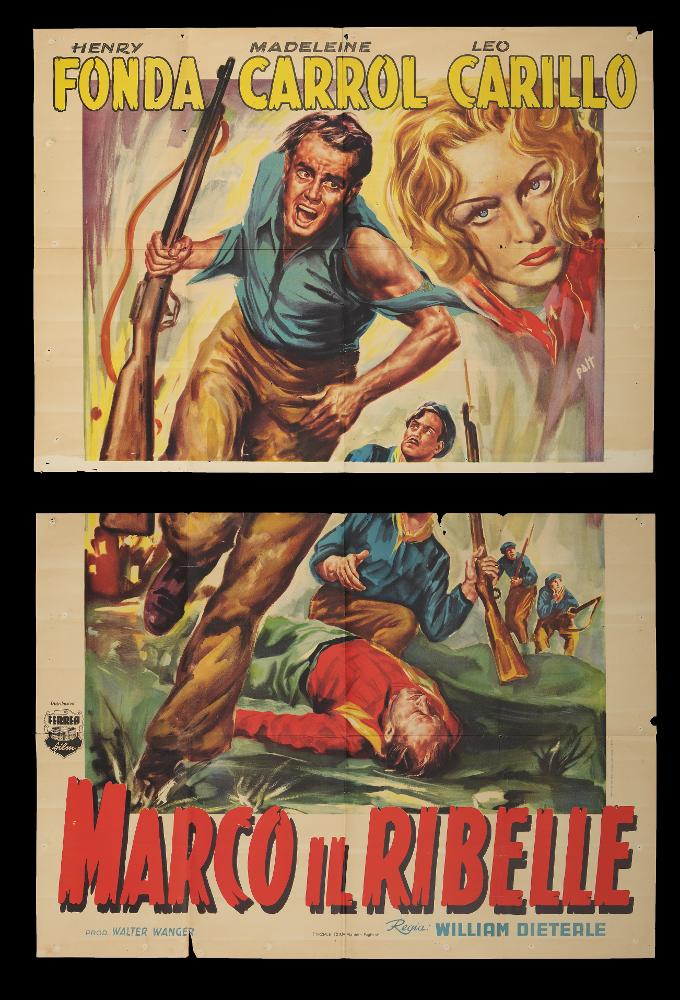 L'immagine riproduce uno dei manifesti conservati presso la Mediateca Regionale Pugliese (vedi Note). Si tratta di una delle versioni grafiche del manifesto del film "Marco il ribelle", a firma di Tarquini (Tarquini Paolo), che qui si firma Palt, lo pseudonimo con cui è anche storicizzato e conosciuto. "Pittore non Pittore" come lui stesso si definì, fu un artista che condivise la sua arte con il padre Sabatino ed i fratelli Luigi e Glauco. Per il suo stile inconfondibile e identitario, Tarquini predilesse l'utilizzo di una pittura sfumata e policroma, tipica degli anni Trenta, dando risalto maggiormente ai colori pastello e a pennellate vibranti. In questa composizione, rende un'atmosfera realistica ma onirica e ricca di pathos, soprattutto con la resa di uno sfondo in...