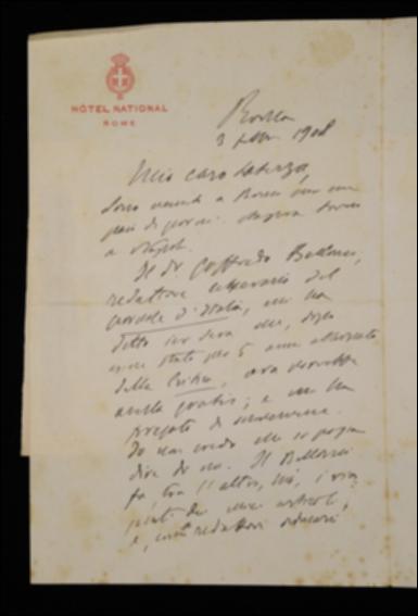 Nella lettera, Benedetto Croce prega Laterza di inserire Goffredo Bellonci, redattore del “Giornale d'Italia”, nell'elenco omaggi de "La Critica" e di spedirgli il volume di Johann F. Herbart per una recensione; suggerisce inoltre alcuni indirizzi cui non inviare copie dei nuovi classici filosofici. Infine sollecita l'editore a spedirgli le ultime bozze del volume di Friedrich W.J. Schelling.