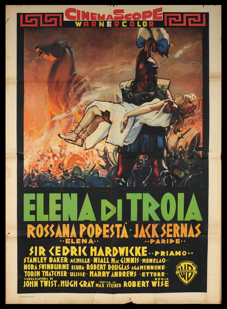 L'immagine riproduce uno dei manifesti conservati presso la Mediateca Regionale Pugliese (vedi Note). Si tratta del manifesto del film "Elena di Troia", la cui illustrazione è a firma di Martinati, la stessa utilizzata anche per la locandina, sempre in collezione. Toscano di nascita, Luigi Martinati può considerarsi uno degli interpreti più significativi della prima maniera del manifesto di cinema. La composizione si discosta dalle altre sue tipiche produzioni per un risultato dai forti effetti decorativi: sullo sfondo di una Troia in fiamme, le splendide figure in primo piano sono nettamente delineate da contorni neri sottili; nel complesso, Martinati usa colori netti, luci e ombre, toni scuri per un'opera dall'atmosfera fortemente drammatica ed epica. In collezione, s...
