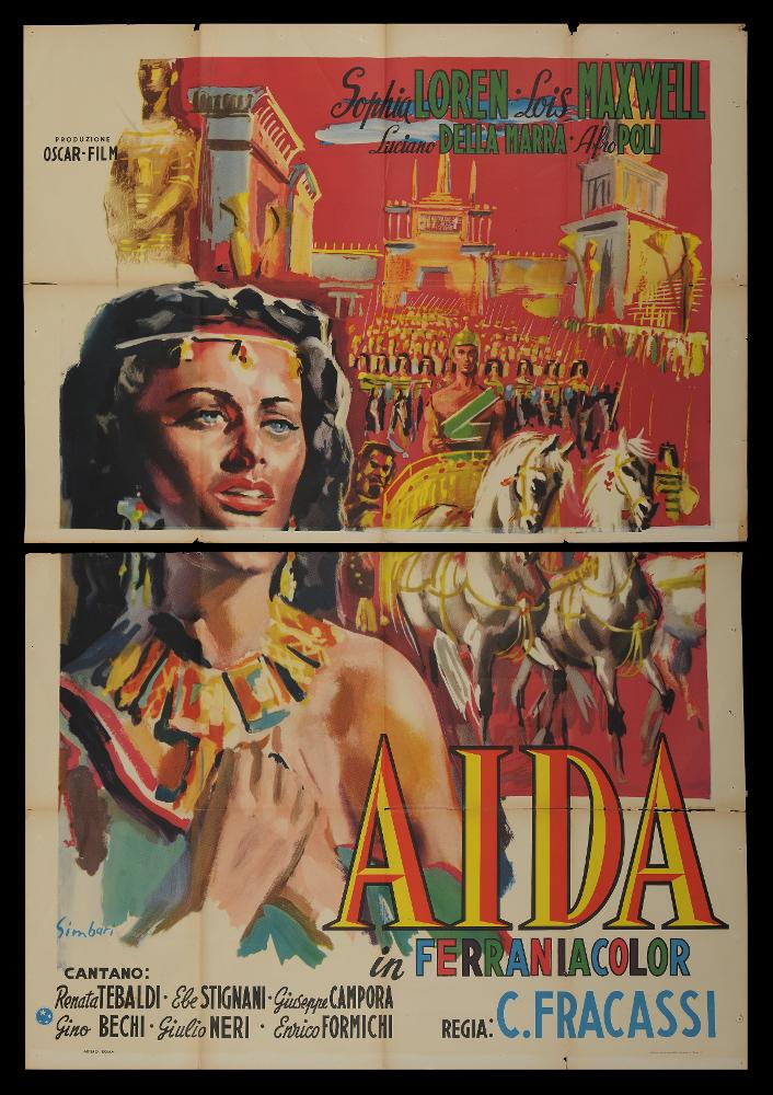 L'immagine riproduce uno dei manifesti conservati presso la Mediateca Regionale Pugliese (vedi Note). Si tratta nello specifico di una delle versioni grafiche del manifesto del film “Aida”, del 1953 per la regia di Clemente Fracassi a firma dell’illustratore Nicola Simbari (Simbari). Artista di fama internazionale, colpisce per la «freschezza del suo tratto e la velocità di modellato» (Baroni, 2018) e per la composizione geometrica dell’immagine. Una bellissima e sensuale Sophia Loren, nei panni della schiava etiope Aida, è rappresentata in primo piano, mentre in secondo piano sullo sfondo l’ambientazione nell’antico Egitto viene esplicitata dalla reggia della principessa Amneris e dalla rappresentazione dell’esercito non dai contorni lineari, ma con uno sfumato di penn...